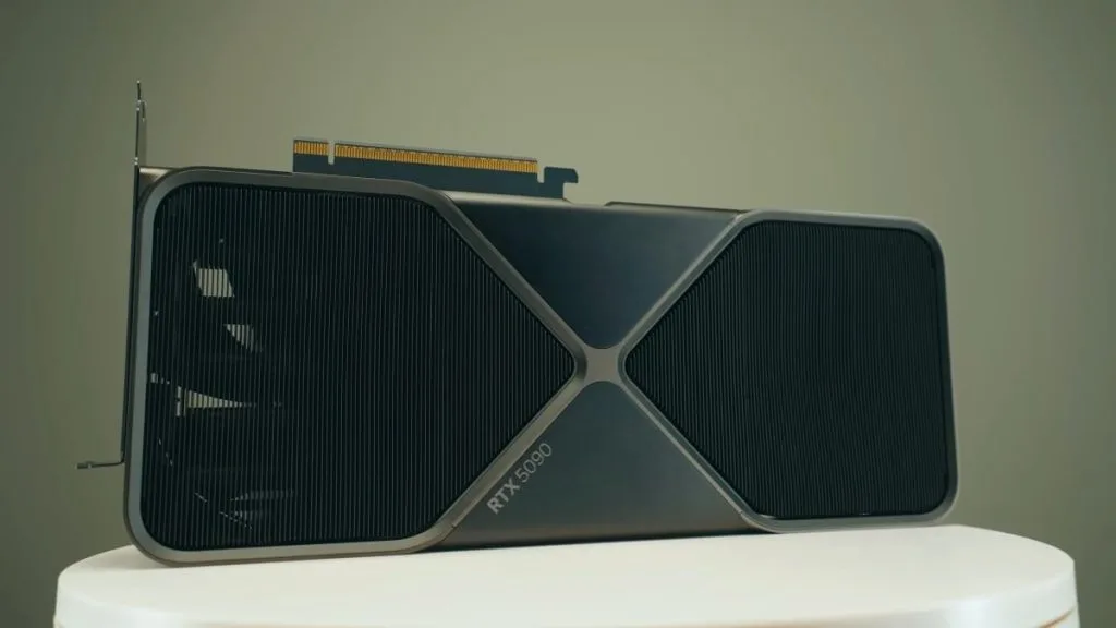 The NVIDIA RTX 5090 graphics card with a modern design and cooling system.