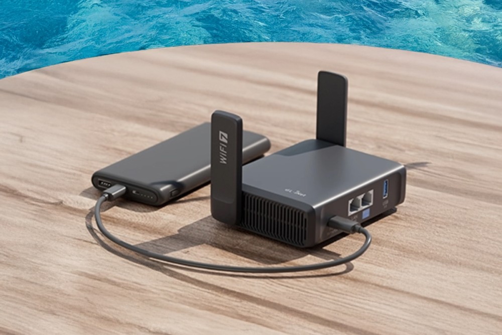 A modern WiFi 7 router connected to a portable power bank on a wooden surface.