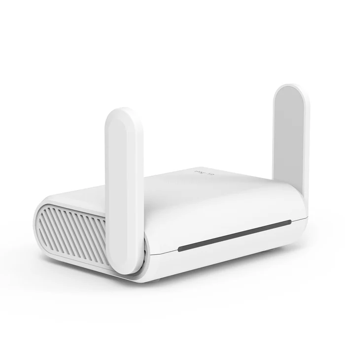 A modern Wi-Fi router with external antennas providing internet connectivity.