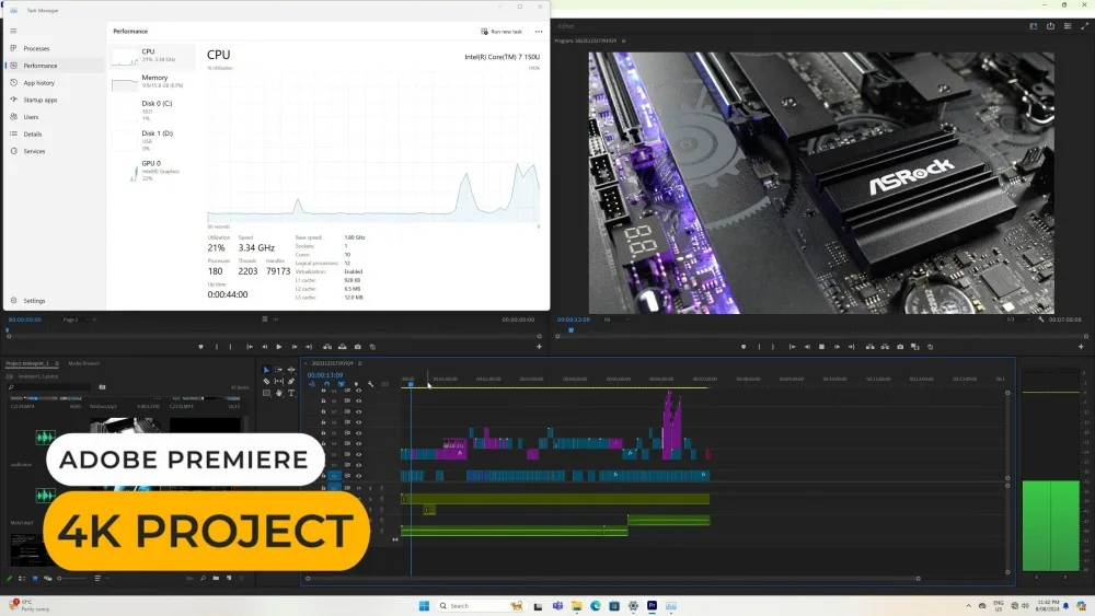 A screenshot of Adobe Premiere Pro showcasing a 4K video project with a visible CPU performance graph and motherboard close-up.