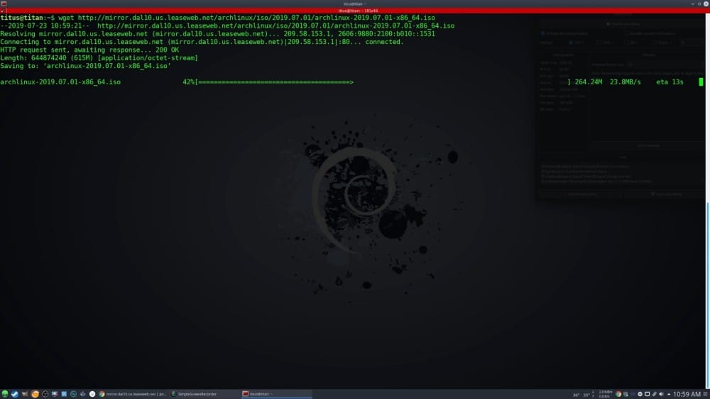 A terminal window displaying the download progress of Arch Linux ISO, highlighting the wget command.