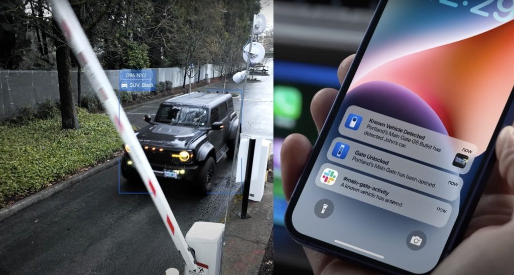 A black SUV passing through an automated gate with a digital notification on a smartphone about the vehicle's entry.