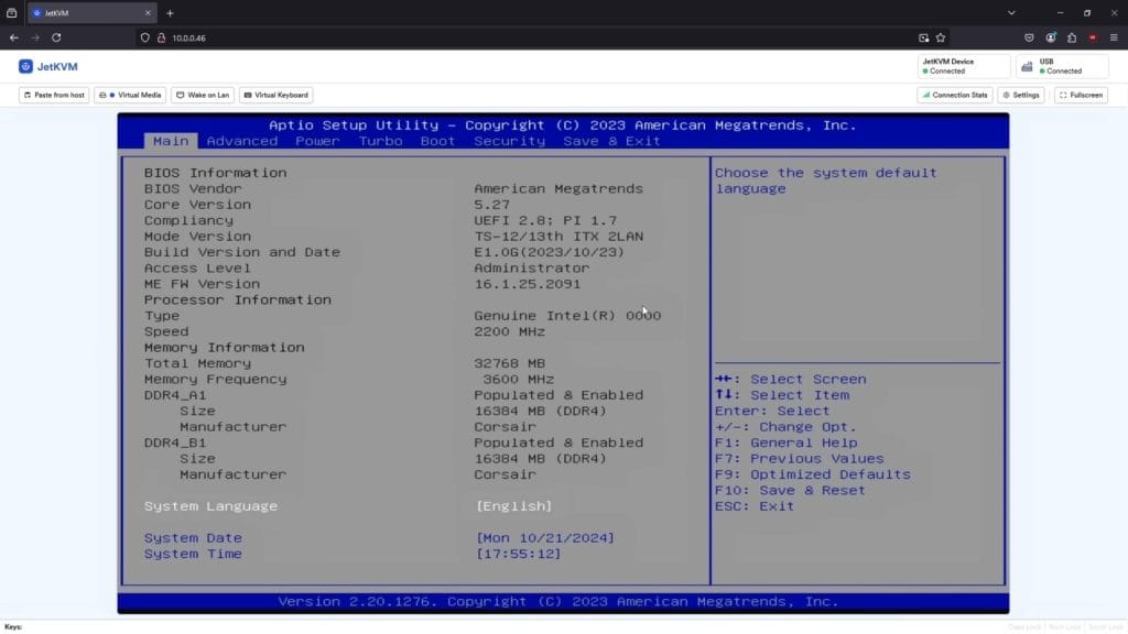 A JetKVM BIOS setup interface showcasing system information and settings
