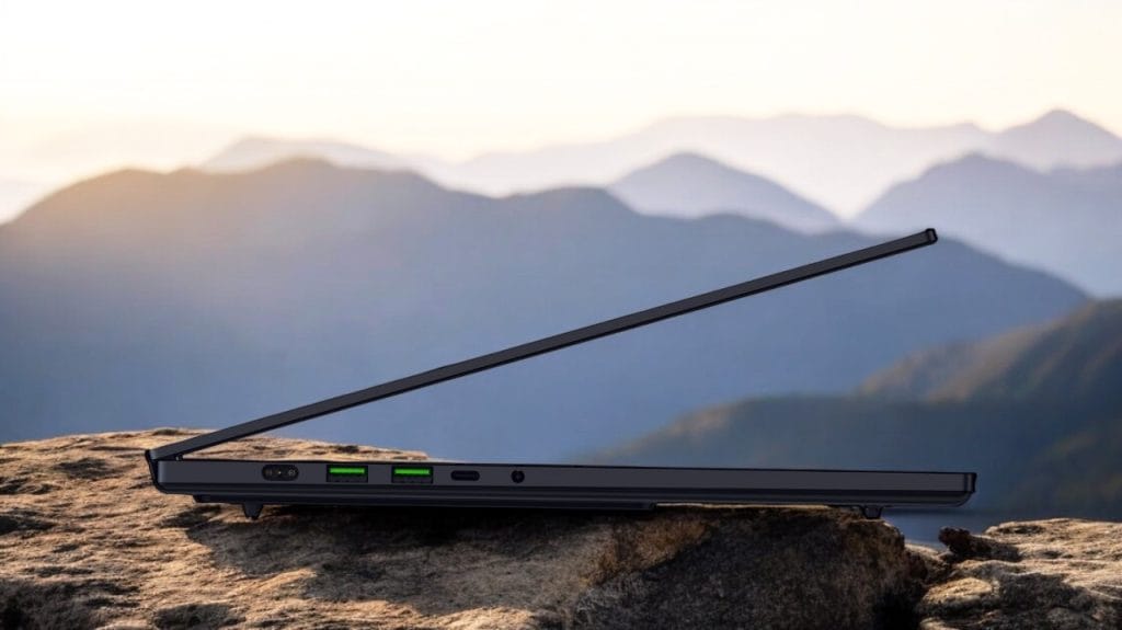 Razer Blade 16 (2025) RTX 5090. A sleek black laptop positioned on a rock with mountains in the background, showcasing its design and ports.