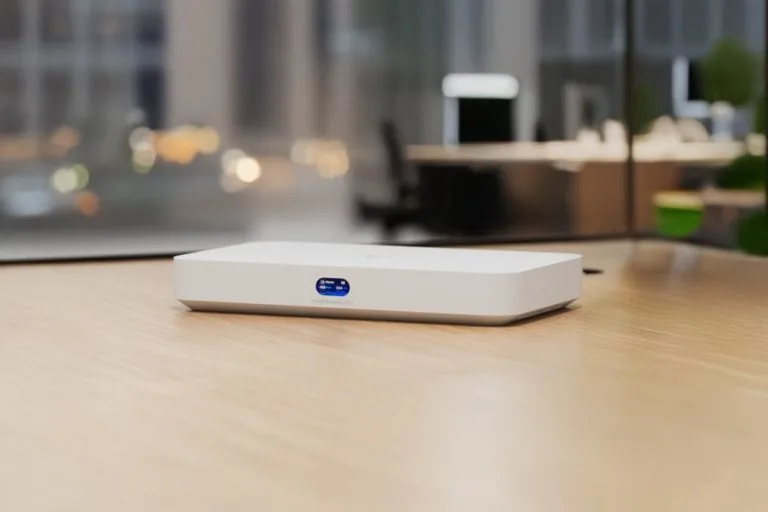 A Cloud Gateway device on a wooden desk in an office setting.