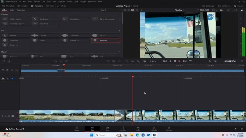 A screenshot of DaVinci Resolve editing software displaying a video timeline with transitions and media clips featured.