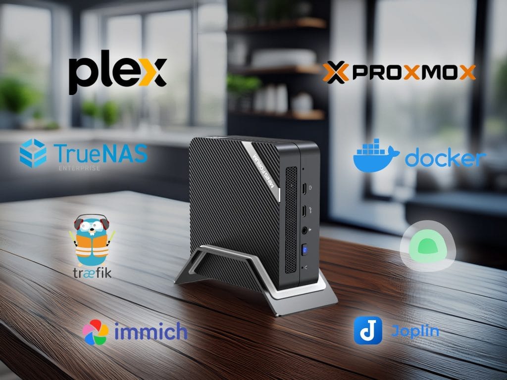 A compact desktop PC set up with various applications including Plex, TrueNAS, and Docker on a wooden table.