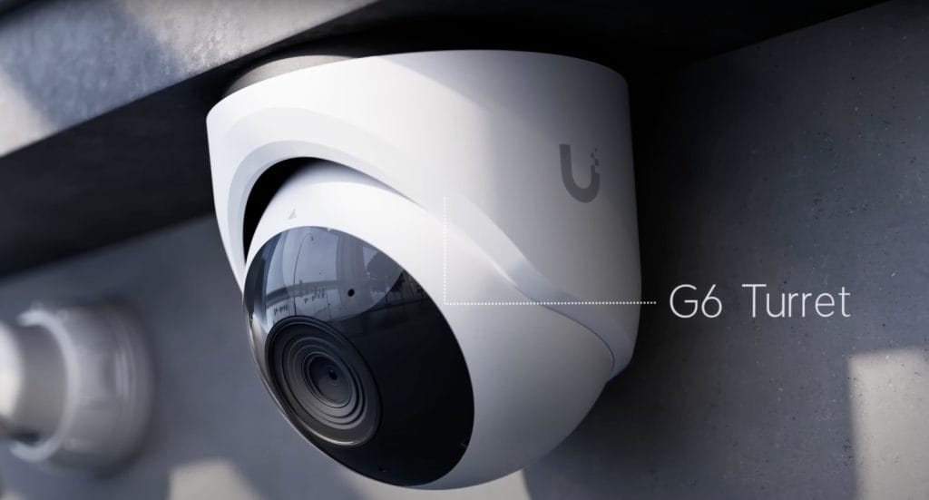 A sleek G6 Turret security camera mounted on a wall, perfect for home or business surveillance.