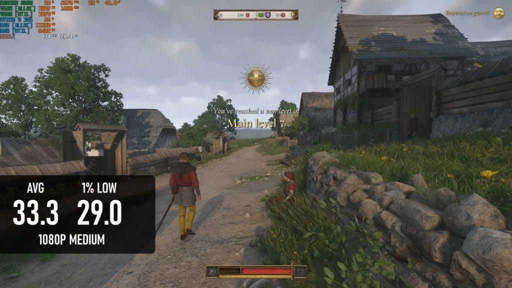 A gaming scene showcasing a character in an open-world RPG during gameplay, featuring resolution and performance metrics.