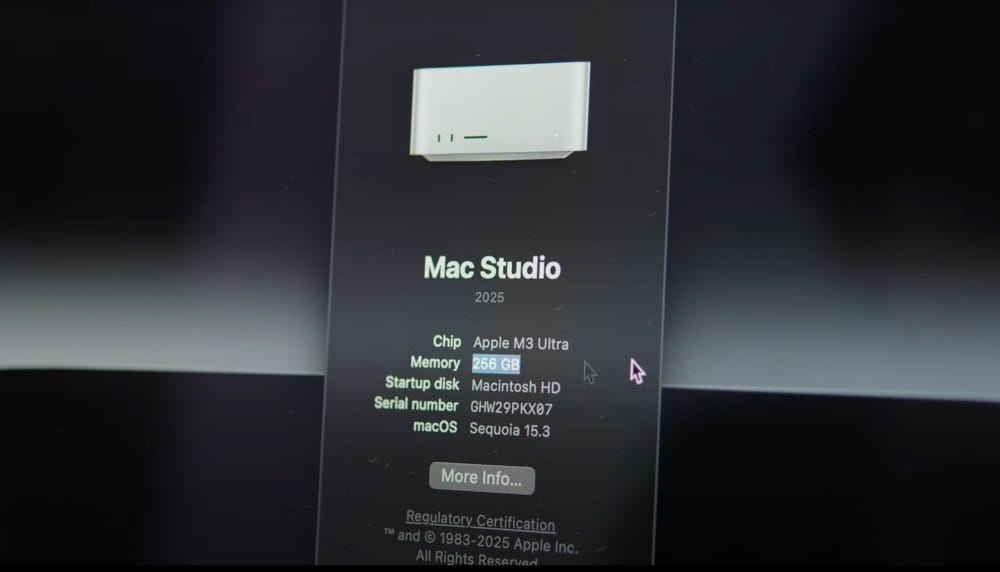 Mac Studio computer showcasing Apple M3 Ultra chip with 256 GB memory, running macOS Sequoia 15.3.