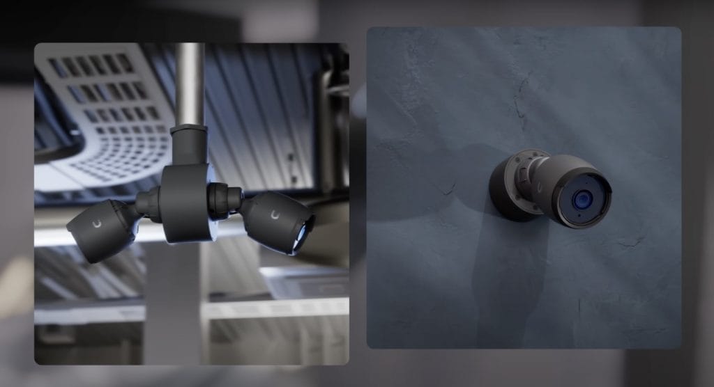 Two security cameras are displayed: one with multiple adjustable lenses mounted overhead and another wall-mounted model, showcasing modern surveillance technology.