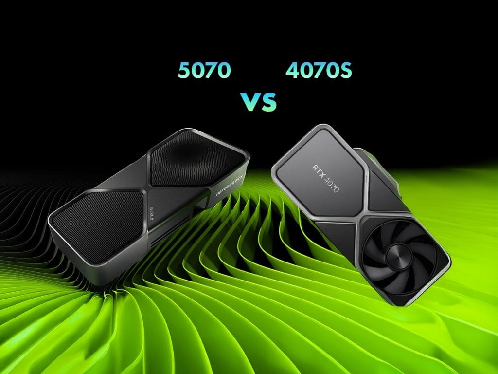A comparative image featuring the NVIDIA RTX 5070 and RTX 4070S graphics cards, highlighting modern GPU technology in a dynamic design.