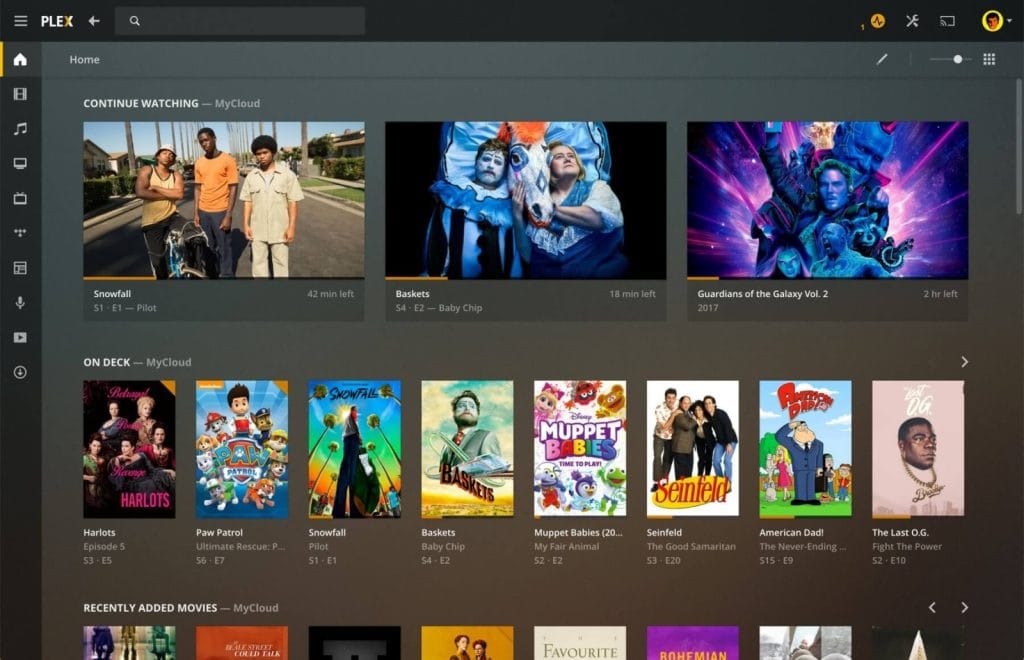 A user interface view of the Plex media player showcasing various series and movies including Snowfall, Baskets, and Guardians of the Galaxy Vol. 2.