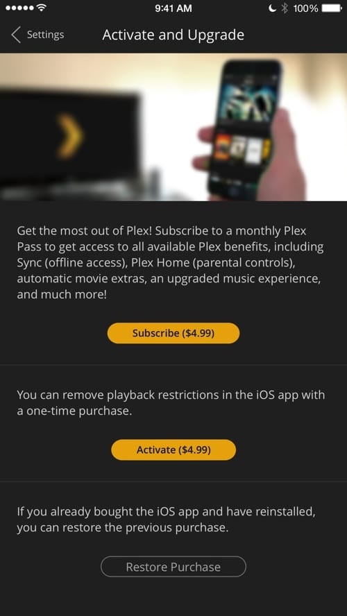 Plex app promotional screen showcasing subscription options and benefits