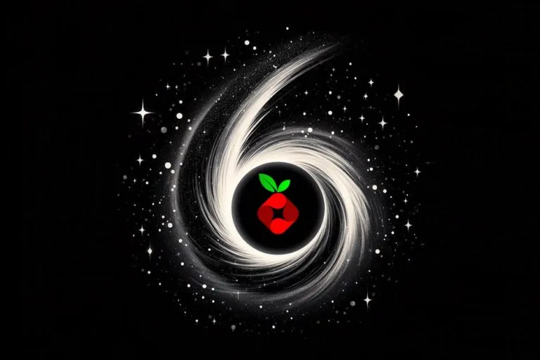 A cosmic swirl featuring a red raspberry logo at its center, symbolizing technology and innovation in a mesmerizing galactic background.