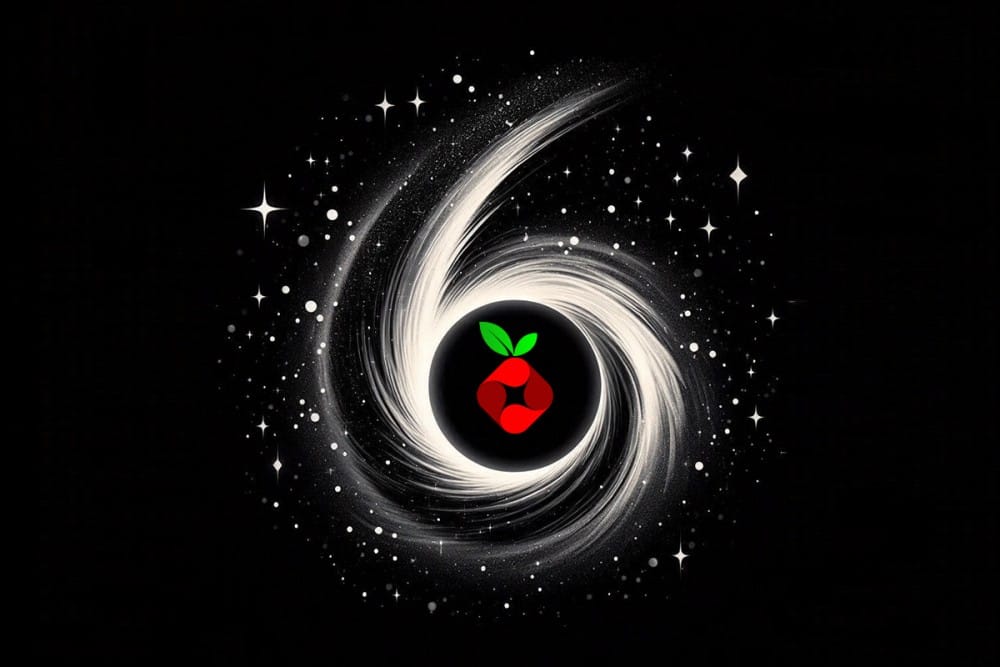 A cosmic swirl featuring a red raspberry logo at its center, symbolizing technology and innovation in a mesmerizing galactic background.