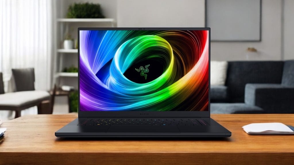 Razer Blade 16 (2025) RTX 5090. A sleek Razer laptop displaying a colorful swirling animation on its screen, set on a wooden table in a modern environment.