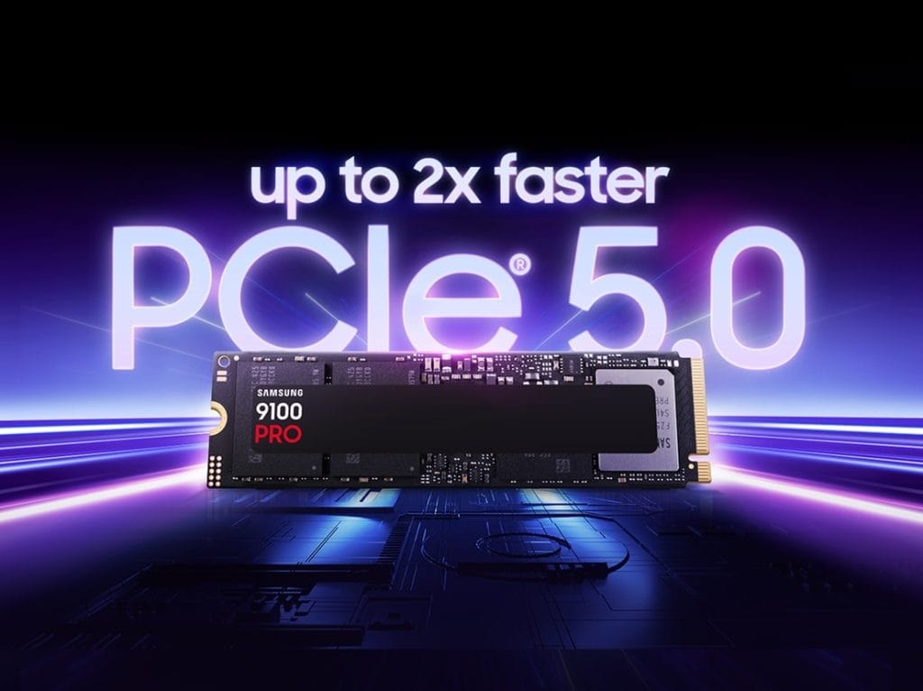 A Samsung 9100 PRO SSD with PCIe 5.0 technology for high-speed data performance.