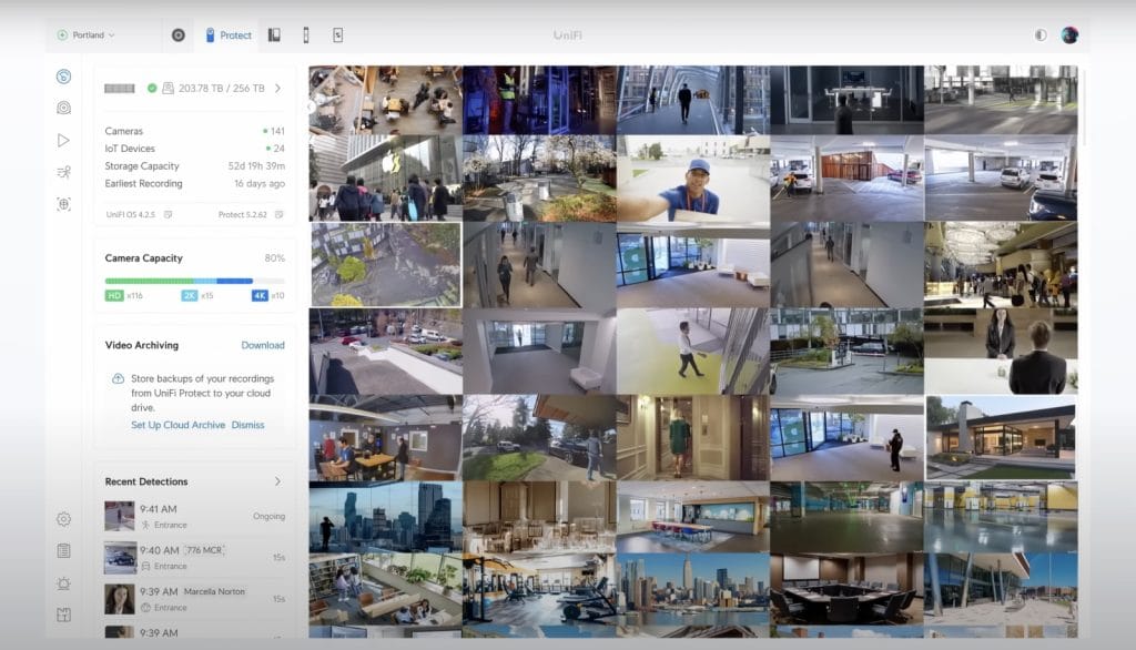 A dashboard interface displaying surveillance camera feeds from various locations, with indicators for camera status and recent activity.