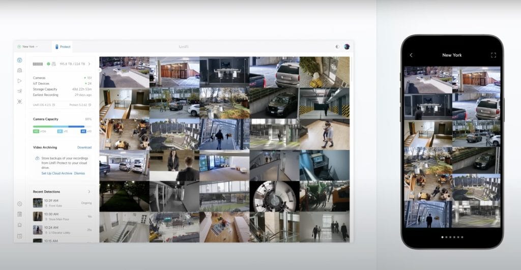 Image showcasing a surveillance system interface displaying multiple camera feeds and video recordings.