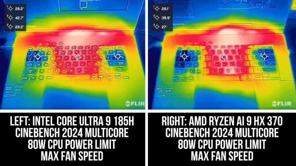 Comparison of thermal characteristics of laptops with Intel Core Ultra 9 and AMD Ryzen AI 9 processors in Cinebench 2024 tests.