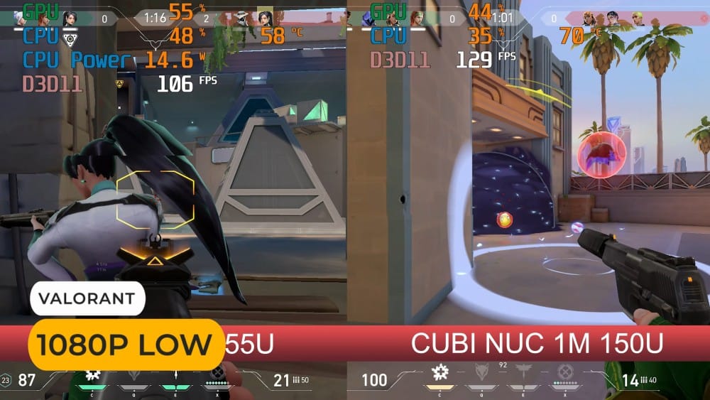 A comparison of gaming performance in Valorant at 1080p low settings on two different systems showing FPS and hardware usage metrics.