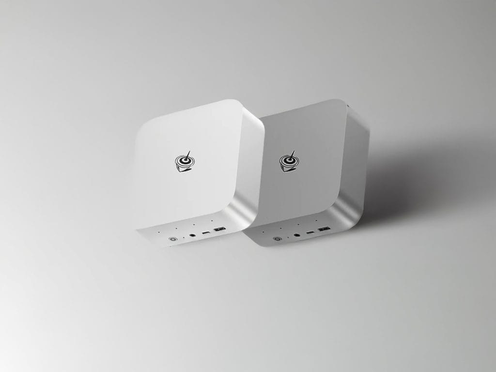 Two sleek white wireless devices Beelink SER9 Pro with branding and ports, suitable for smart home setups