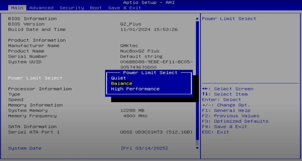 GMKtec G2 Plus. A screenshot of the Aptio Setup utility showing BIOS settings with power limit options for a GMKtec NucBox G2 Plus.