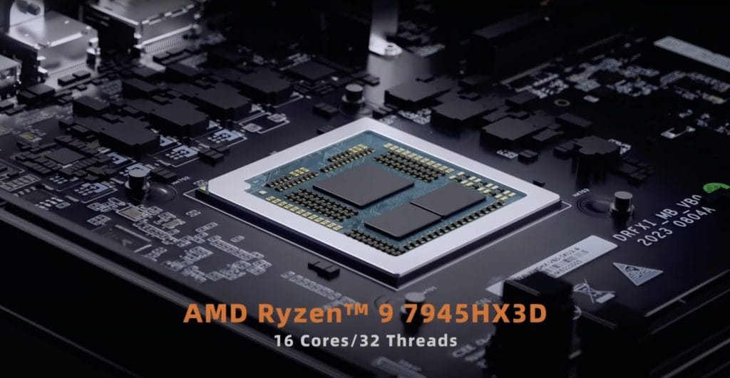 Minisforum BD790i X3D An AMD Ryzen 9 7945HX3D processor showcased on a motherboard, highlighting its features of 16 cores and 32 threads.