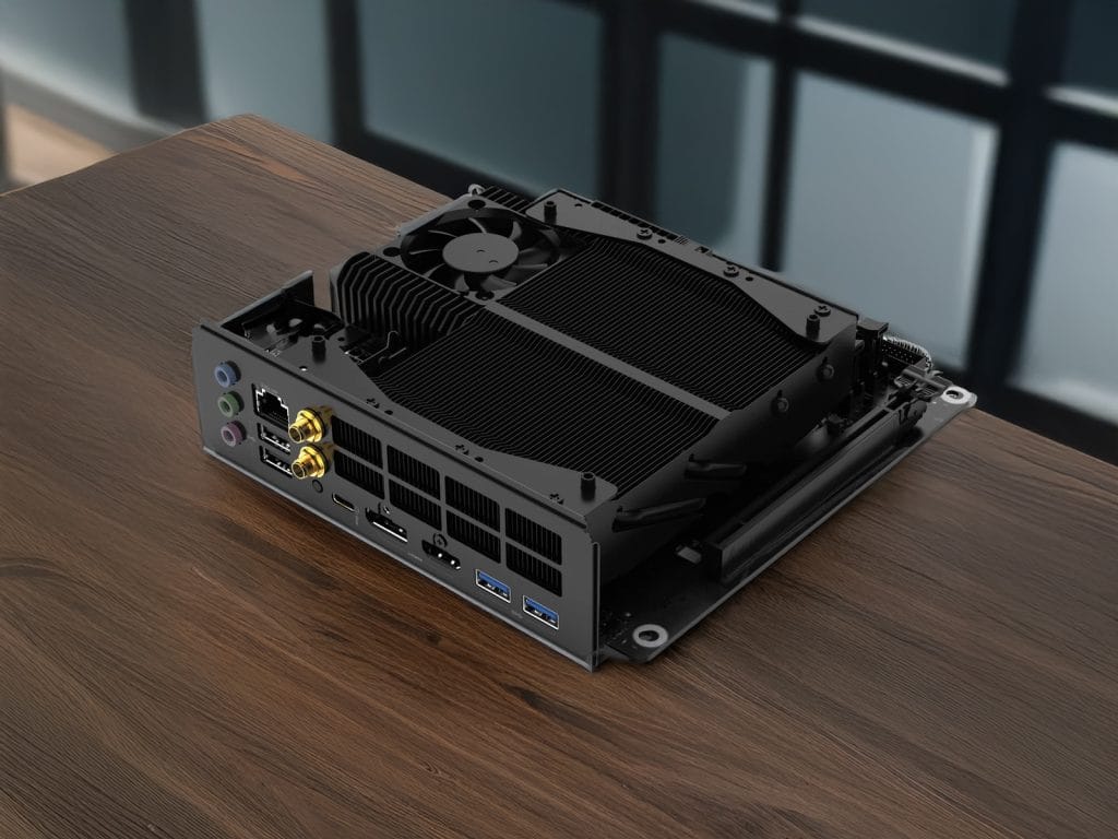 Minisforum BD790i X3D Review: Who Shouldn’t Buy It? A sleek mini PC with advanced cooling system and multiple ports on a wooden surface