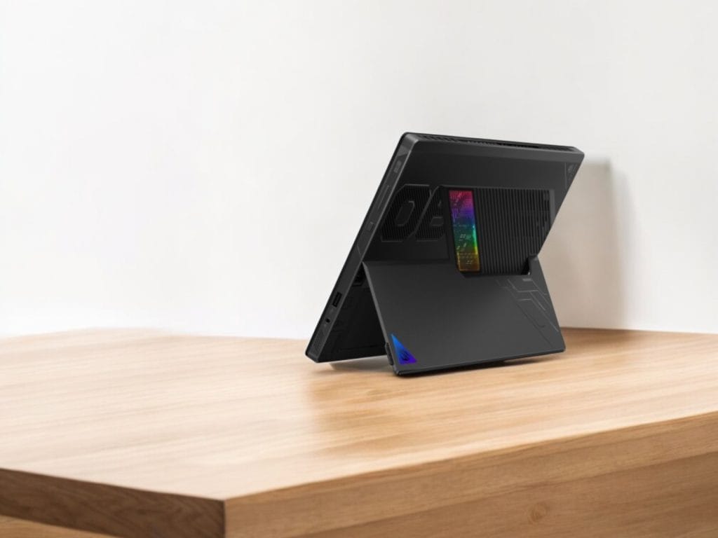 Asus Flow Z13 2025. A sleek gaming tablet on a wooden table, showcasing advanced technology and a stylish design.