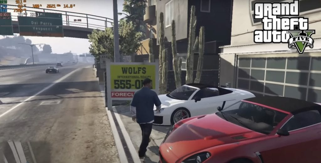 GMKtek NucboxG2 Plus. A character in Grand Theft Auto V approaches two stylish sports cars parked next to a foreclosure sign.