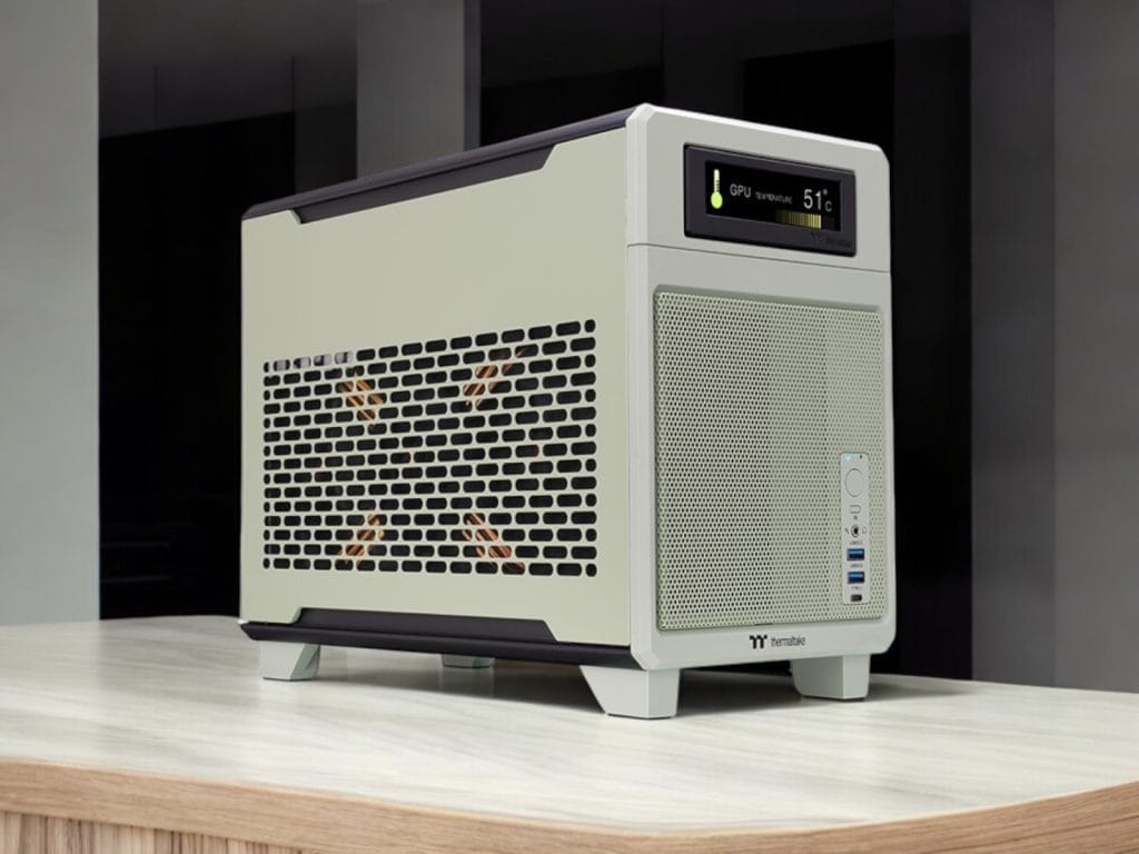 Thermaltake TR100 SFF Review: A Few Things to Watch Out For. A modern computer case showcasing a unique design and advanced cooling features, featuring a GPU temperature display.