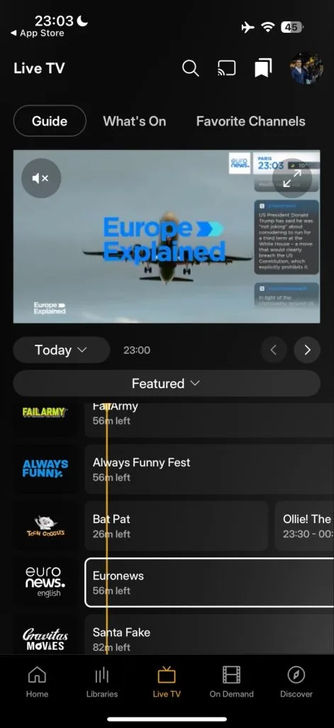 Plex, new app redesign. A screenshot of a live TV streaming app displaying a program titled 'Europe Explained' with other content listings visible.