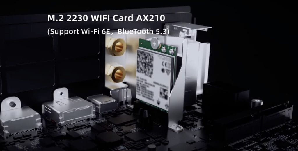 Minisforum BD790i X3D A close-up view of an M.2 2230 WiFi Card AX210 installed on a motherboard, showcasing its compact design and connectivity ports.