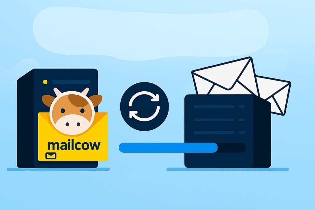 How does this script handle large mail volumes? An illustration of mailcow email server with a cow logo, showing email synchronization.