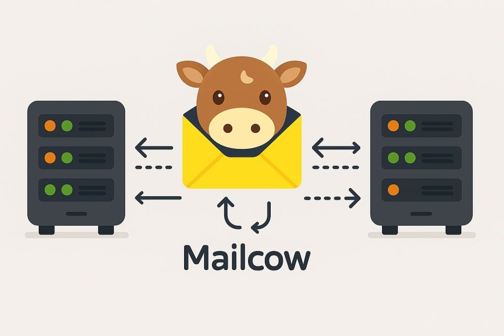 Effortless Mailcow Sync-Failover: My Real-Time Backup Method. A cartoon illustration featuring a cow head emerging from an envelope, symbolizing email services, with server illustrations on either side.