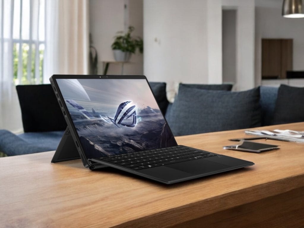 Asus ROG Flow Z13 2025. A sleek laptop with a detachable keyboard showcasing an artistic space-themed wallpaper on a wooden table in a modern living room setting.