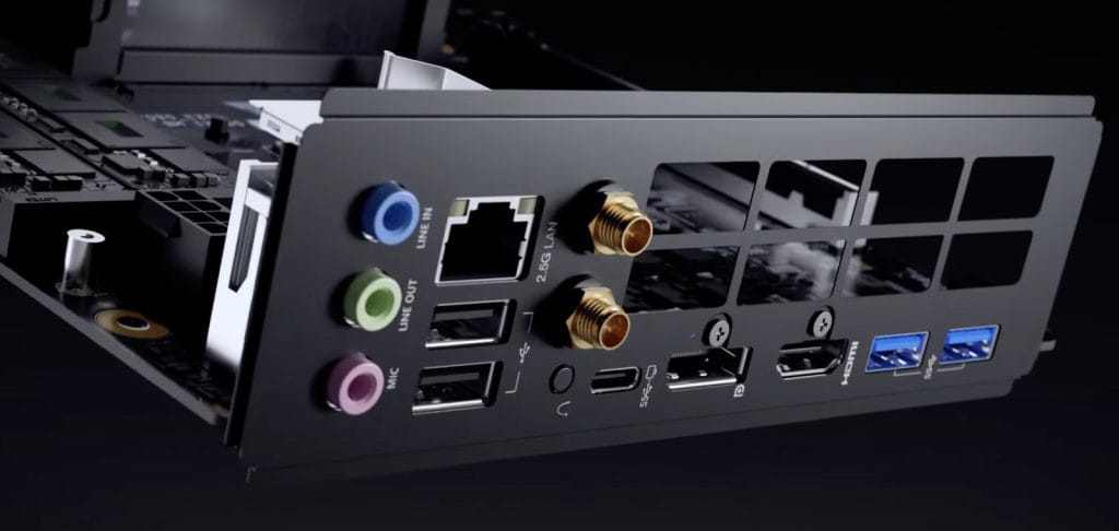 Minisforum BD790i X3D Close-up view of a motherboard's rear panel featuring various input/output ports including USB, HDMI, audio jacks, and Ethernet for connectivity.
