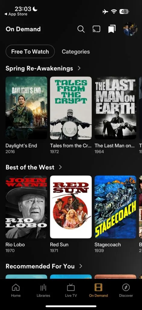 Plex, new app redesign. A screenshot of an on-demand streaming platform showcasing various films and categories like 'Spring Re-Awakening' and 'Best of the West'.