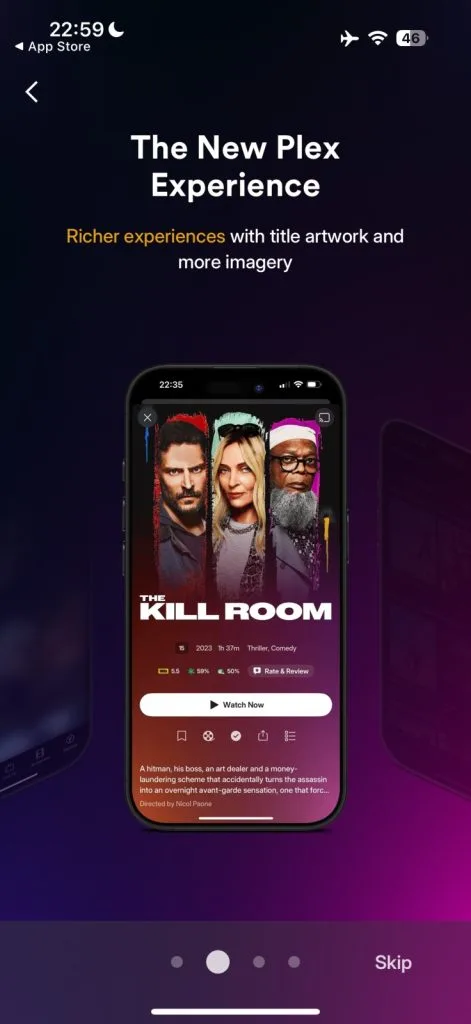 The new Plex app showcasing rich title artwork and imagery for movies, featuring the film 'The Kill Room'.