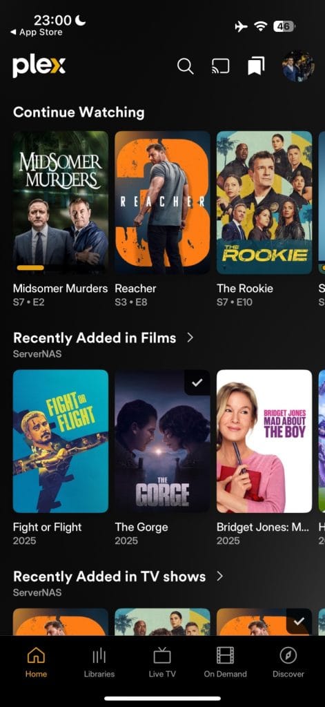 Plex, new app redesign. A screenshot of the Plex app showing various TV shows and films available for streaming, featuring titles like Midsomer Murders, Reacher, and Bridget Jones: Mad About the Boy.