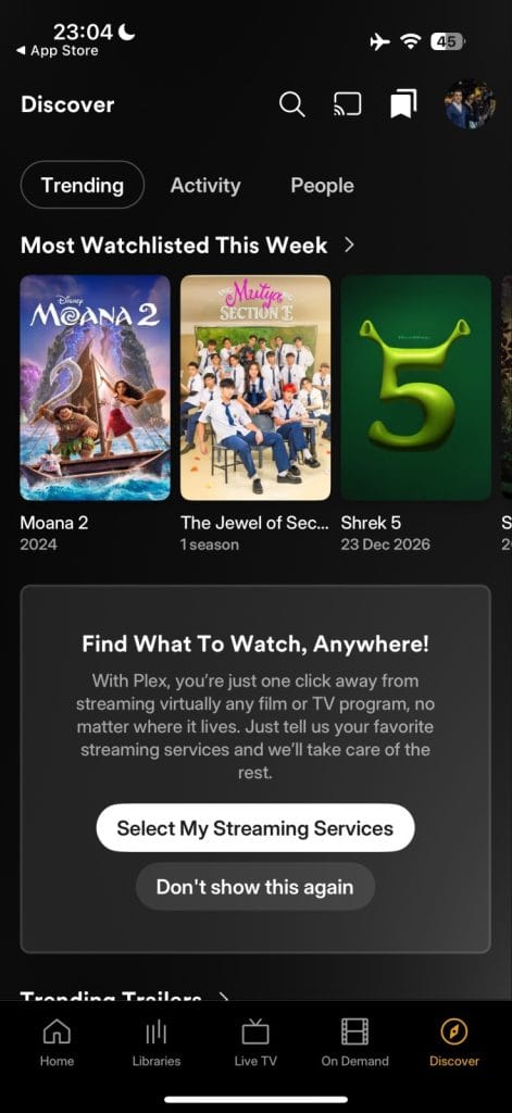 Plex, new app redesign. A streaming platform interface showing trending movies and series, including Moana 2 and Shrek 5, with a focus on finding watchable content.