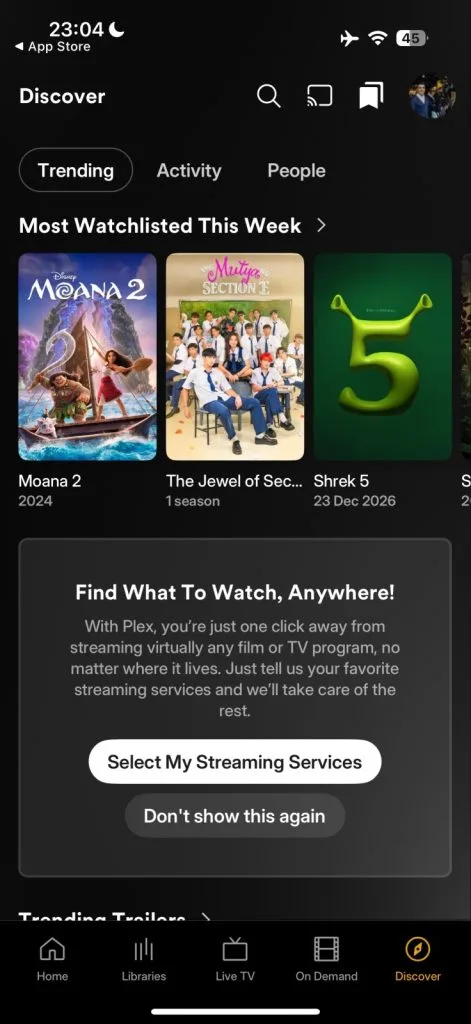 Plex, new app redesign. A streaming platform interface showing trending movies and series, including Moana 2 and Shrek 5, with a focus on finding watchable content.