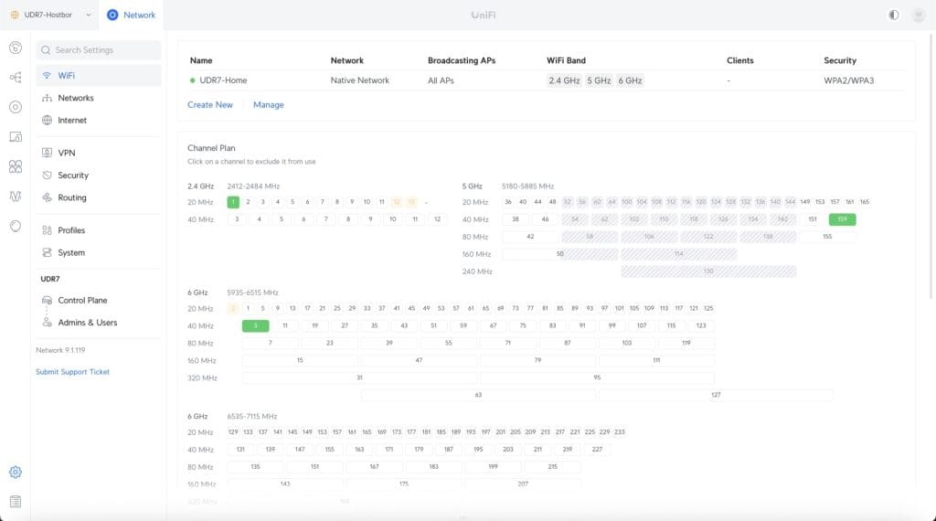UniFi Dream Router 7. UniFi network controller interface displaying WiFi settings including channel plans for 2.4 GHz, 5 GHz, and 6 GHz bands with selected channels and security details