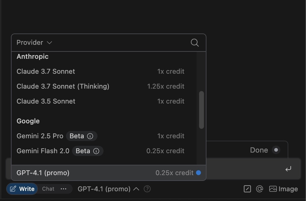 Dropdown menu displaying AI model options including Anthropic Claude and Google Gemini with credits and beta labels
