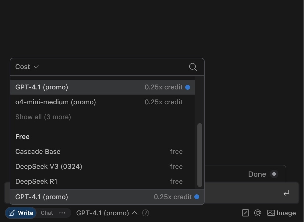 Dropdown menu showing AI models selection with GPT-4.1 promo and free options in a chat interface