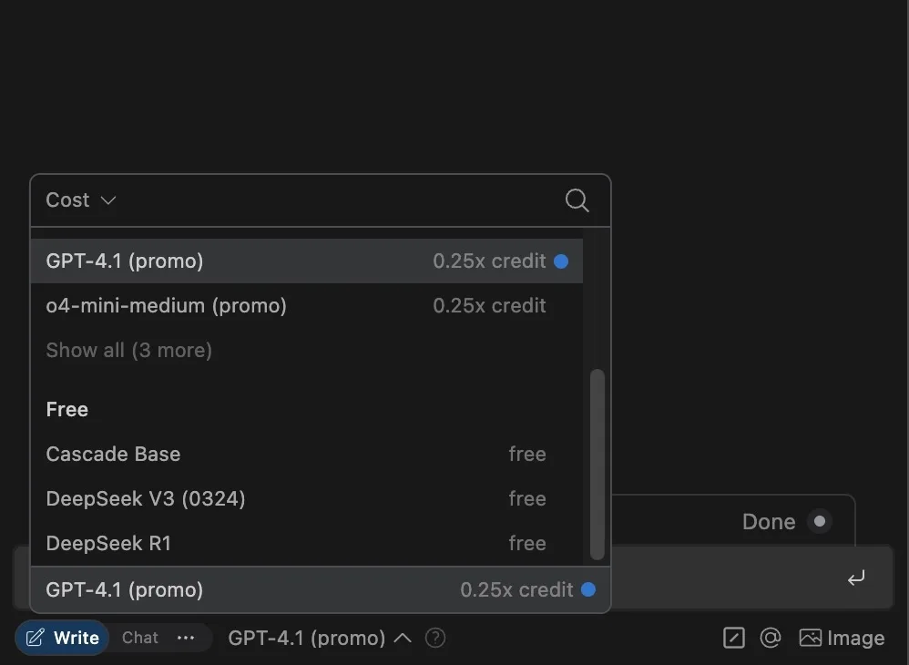 Dropdown menu showing AI models selection with GPT-4.1 promo and free options in a chat interface
