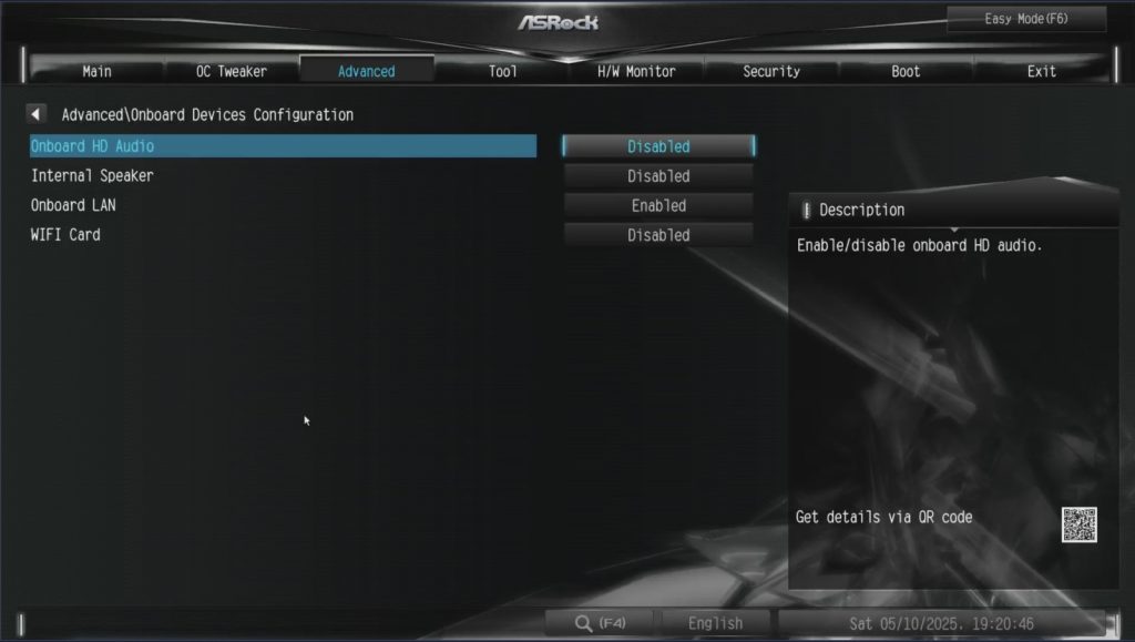 ASRock DeskMini X600. ASRock BIOS interface showing Advanced Onboard Devices Configuration with options to enable or disable onboard HD audio, internal speaker, onboard LAN, and WIFI card