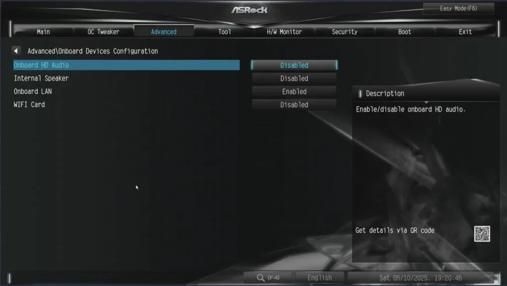 ASRock DeskMini X600. ASRock BIOS interface showing Advanced Onboard Devices Configuration with options to enable or disable onboard HD audio, internal speaker, onboard LAN, and WIFI card